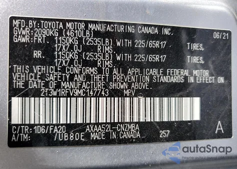 2021 Toyota Rav4 Xle from USA, damaged, VIN 2T3W1RFV9MC147743